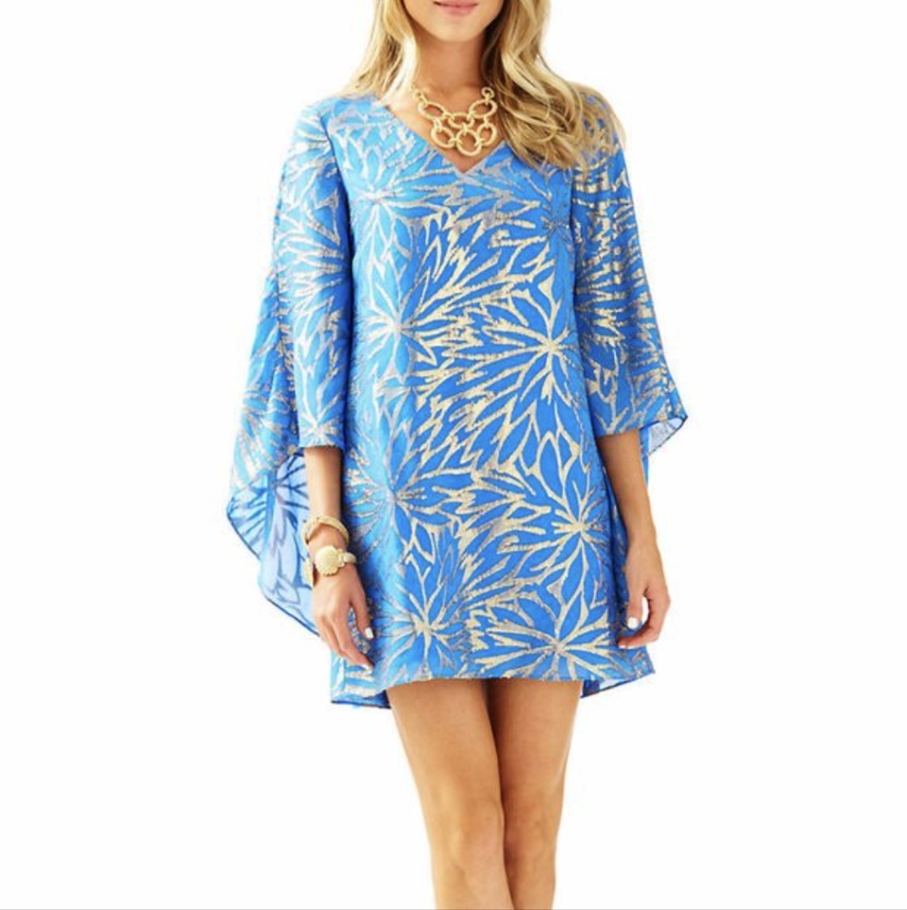 Lilly Pulitzer Blue Floral Metallic Shift Dress